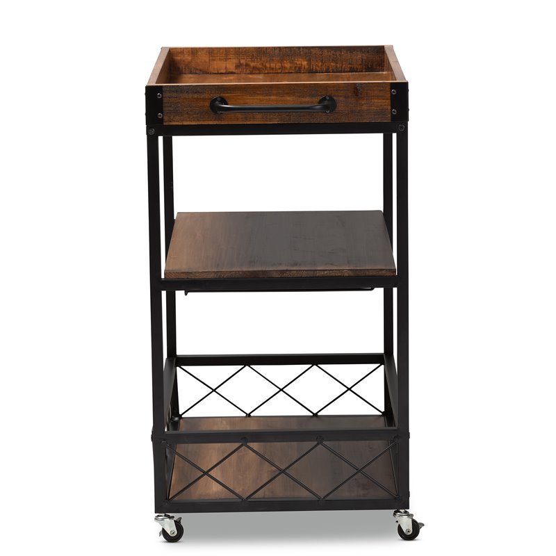 Baxton Studio Capri Oak Brown and Black Finished Mobile Metal Bar Cart