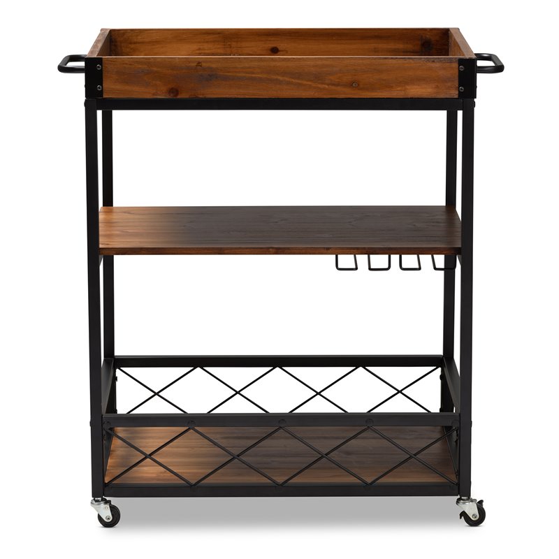 Baxton Studio Capri Oak Brown and Black Finished Mobile Metal Bar Cart
