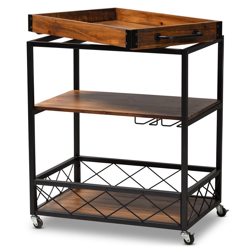 Baxton Studio Capri Oak Brown and Black Finished Mobile Metal Bar Cart