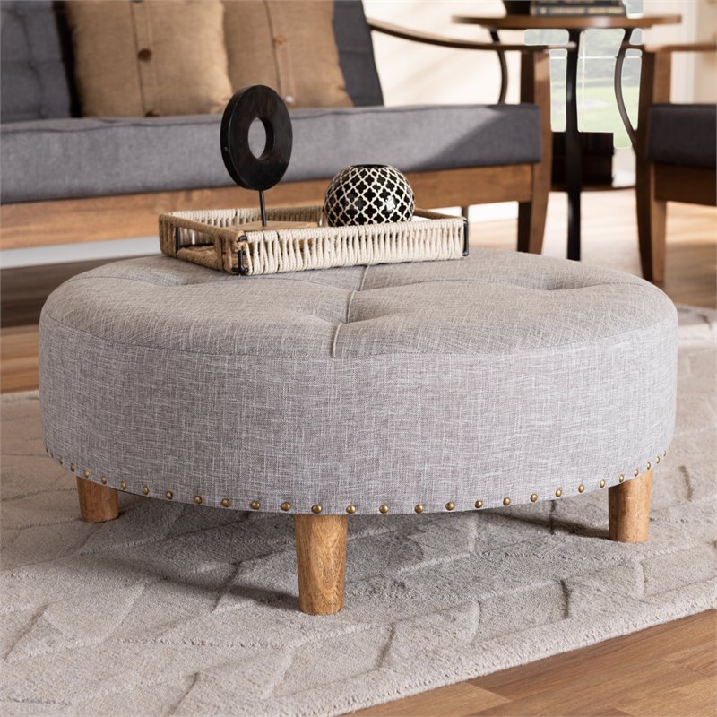 Baxton Studio Vinet Tufted Fabric and Wood Coffee Table Ottoman in Light Gray