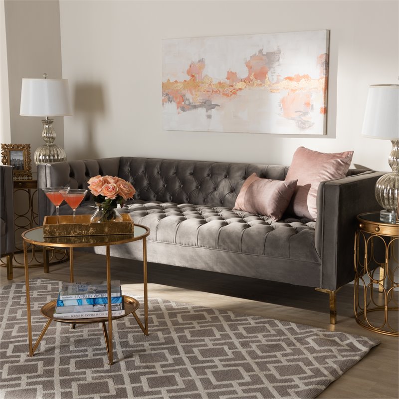Baxton Studio Zanetta Tufted Velvet and Wood Sofa in Gray and Gold