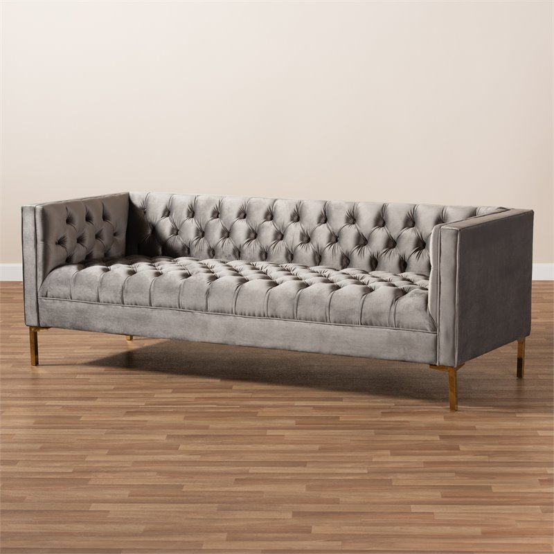 Baxton Studio Zanetta Tufted Velvet and Wood Sofa in Gray and Gold