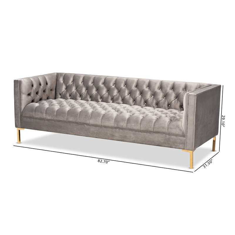 Baxton Studio Zanetta Tufted Velvet and Wood Sofa in Gray and Gold