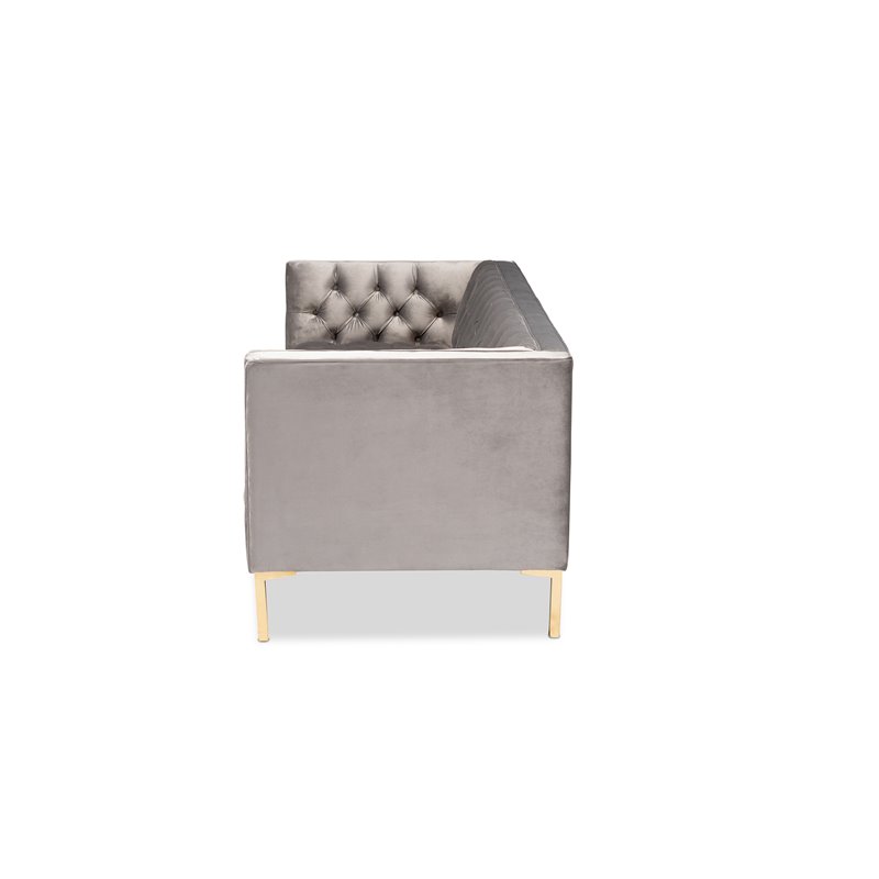 Baxton Studio Zanetta Tufted Velvet and Wood Sofa in Gray and Gold