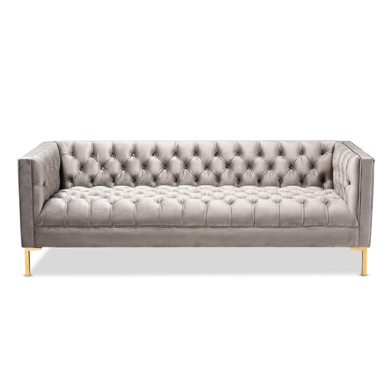 Baxton Studio Zanetta Tufted Velvet and Wood Sofa in Gray and Gold