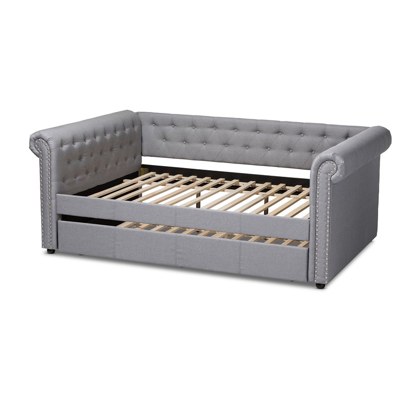 Baxton Studio Mabelle Tufted Fabric and Wood Full Daybed with Trundle in Gray