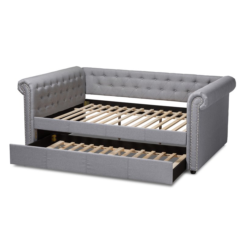 Baxton Studio Mabelle Tufted Fabric and Wood Full Daybed with Trundle in Gray