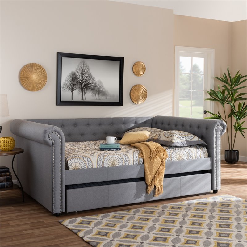 Baxton Studio Mabelle Tufted Fabric and Wood Full Daybed with Trundle in Gray