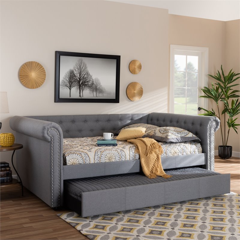 Baxton Studio Mabelle Tufted Fabric and Wood Full Daybed with Trundle in Gray