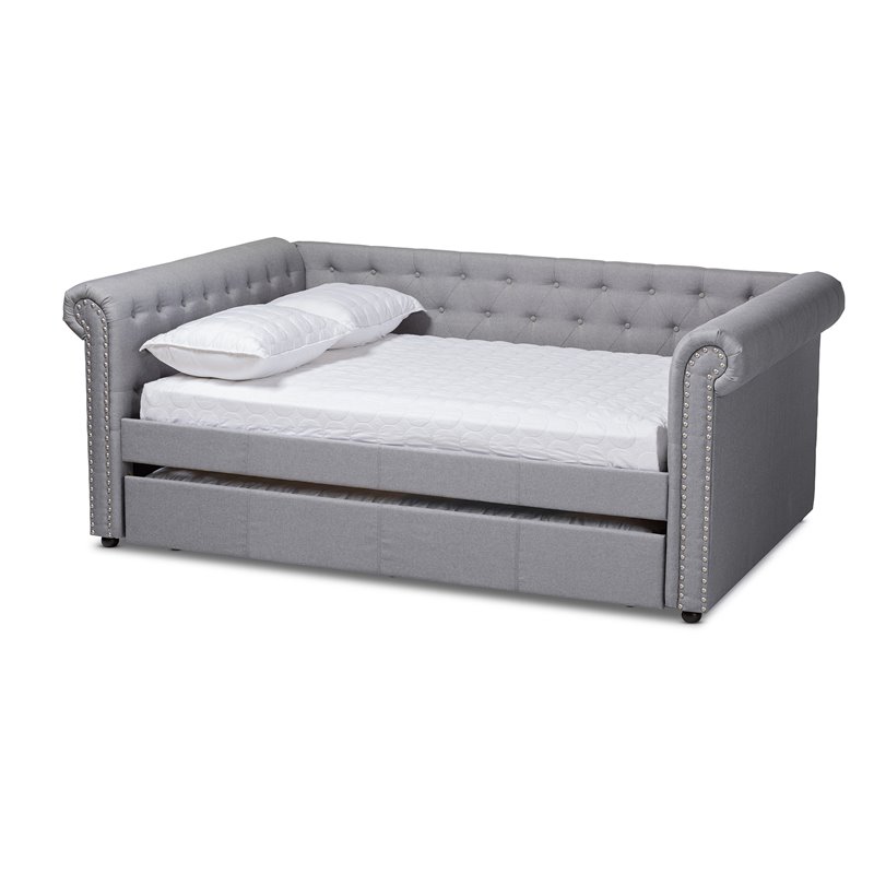 Baxton Studio Mabelle Tufted Fabric and Wood Full Daybed with Trundle in Gray