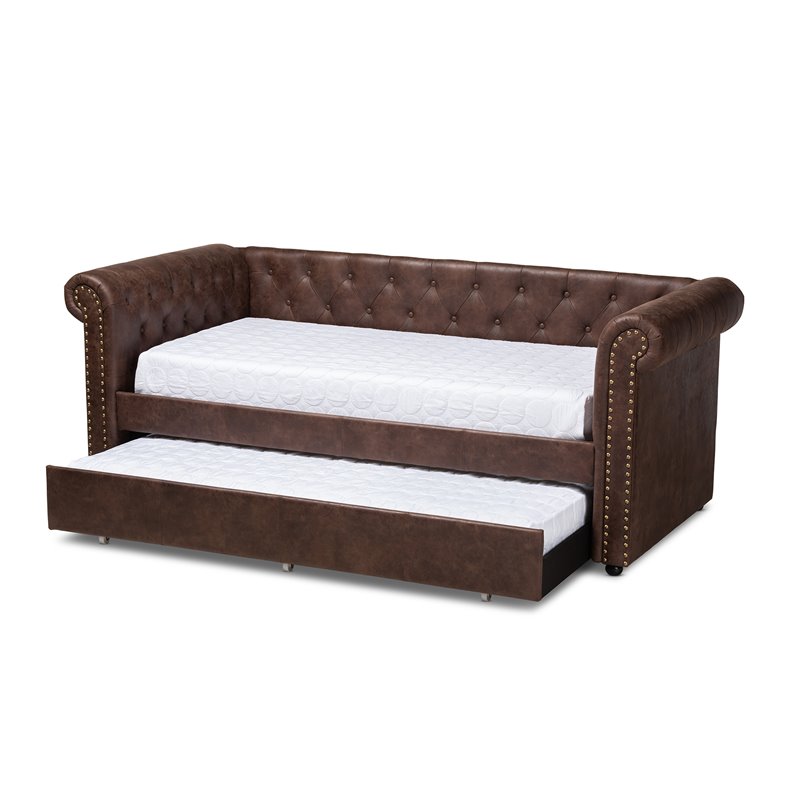 Baxton Studio Mabelle Faux Leather and Wood Twin Daybed with Trundle in Brown