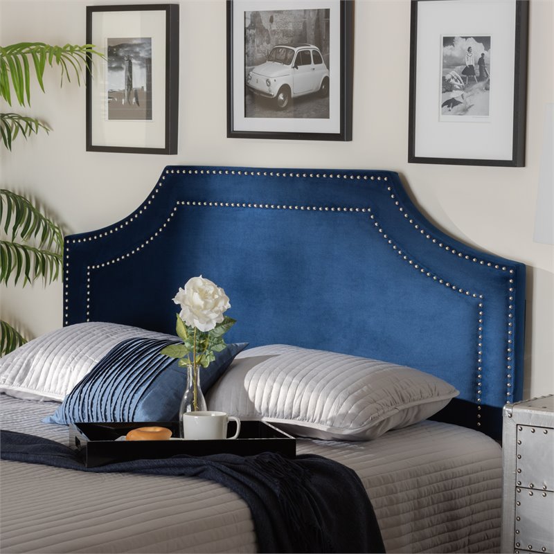 Baxton Studio Avignon Velvet and Wood King Headboard in Navy Blue