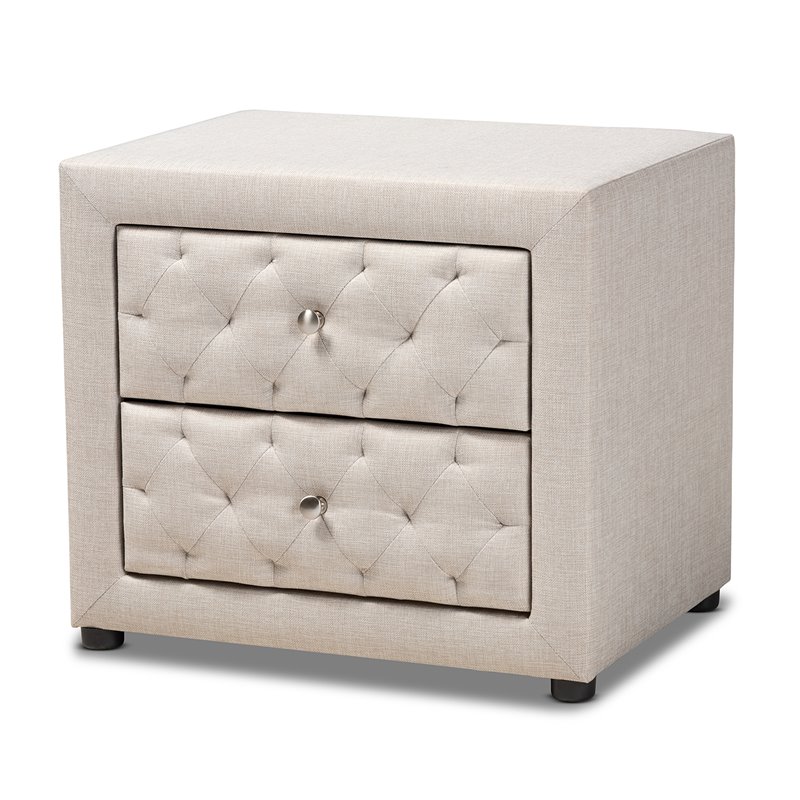Baxton Studio Lepine 2-Drawer Tufted Fabric and Wood Nightstand in Light Beige