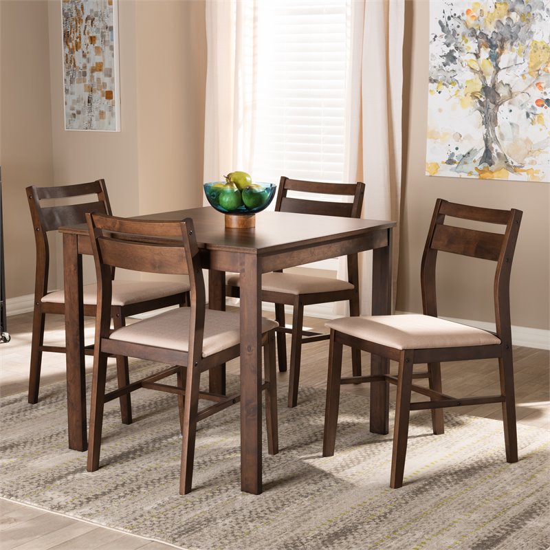 Baxton Studio Lovy 5-Piece Wood Dining Set in Beige and Dark Walnut Brown