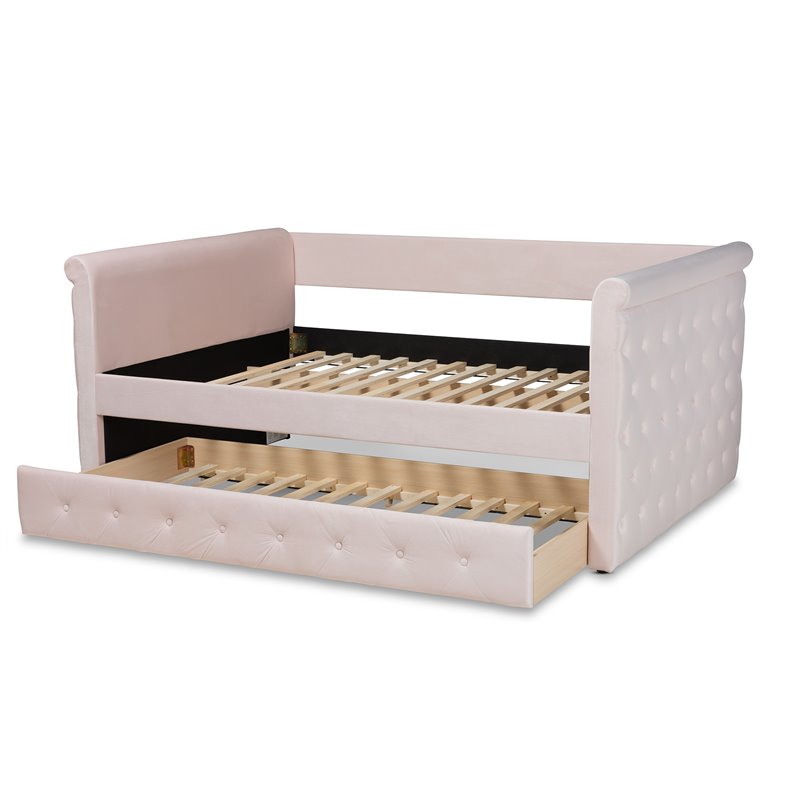 Baxton Studio Amaya Velvet and Wood Full Daybed with Trundle in Light Pink