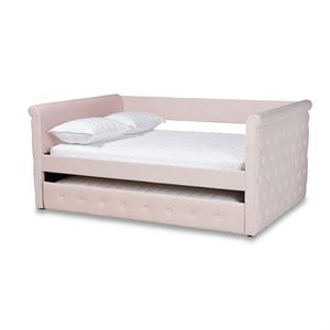 Baxton Studio Amaya Velvet and Wood Full Daybed with Trundle in Light Pink