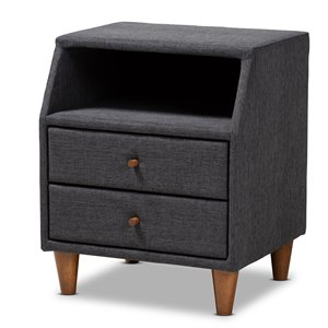 Baxton Studio Claverie 2-Drawer Fabric and Wood Nightstand in Charcoal Gray