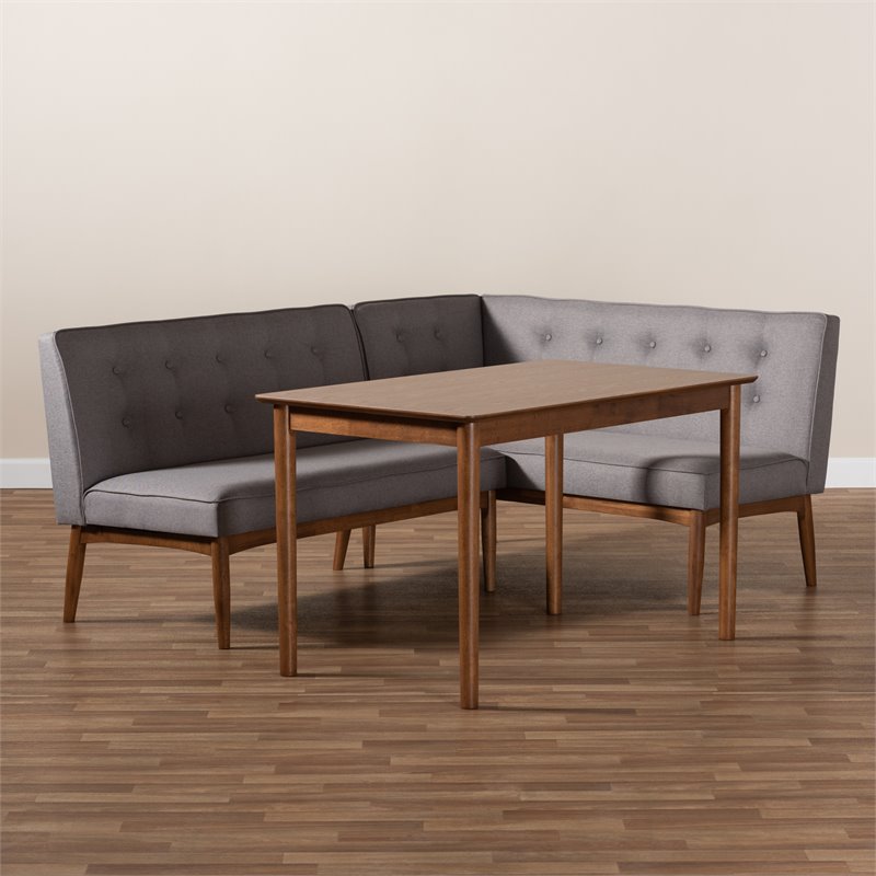 Baxton Studio Arvid Modern Tufted Fabric 3 Piece Wood Dining Nook Set in Gray
