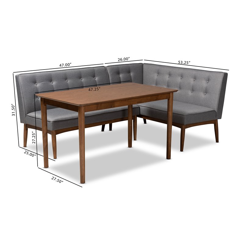 Baxton Studio Arvid Modern Tufted Fabric 3 Piece Wood Dining Nook Set in Gray