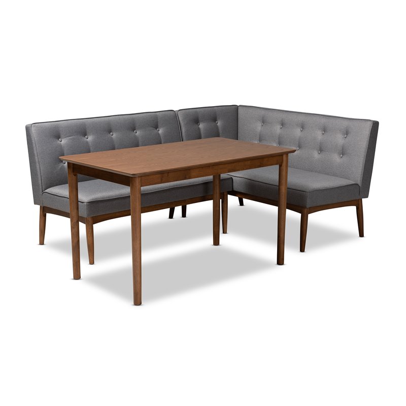 Baxton Studio Arvid Modern Tufted Fabric 3 Piece Wood Dining Nook Set in Gray