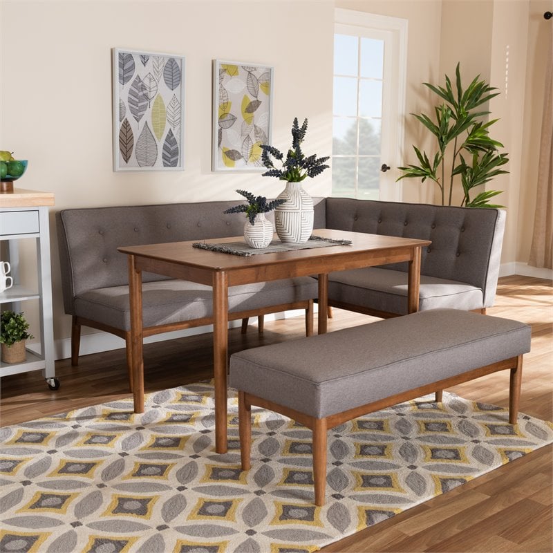 Baxton Studio Arvid Modern Tufted Fabric 4-Piece Wood Dining Nook Set in Gray