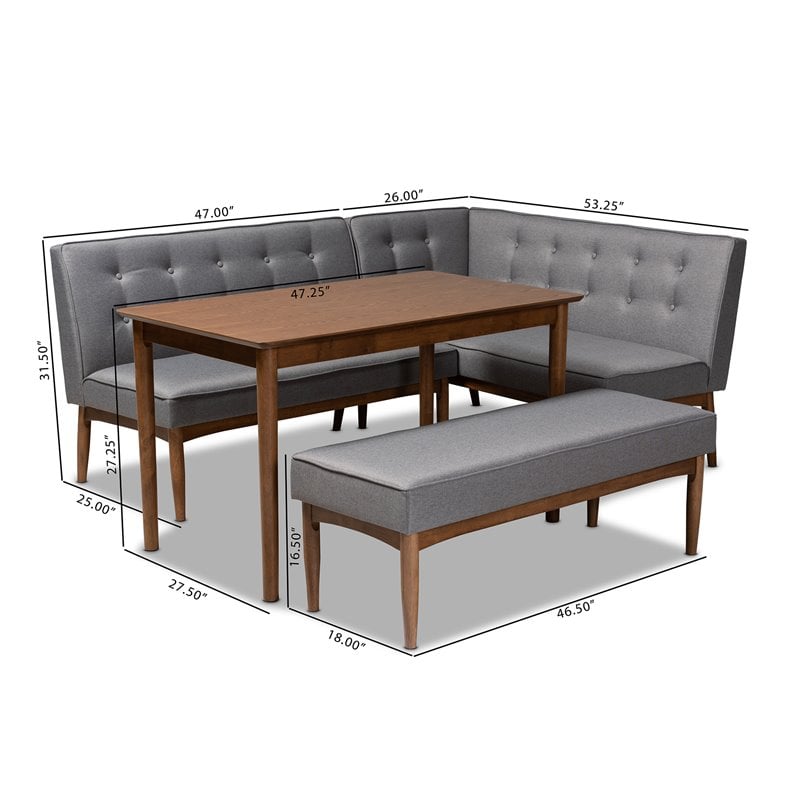 Baxton Studio Arvid Modern Tufted Fabric 4-Piece Wood Dining Nook Set in Gray