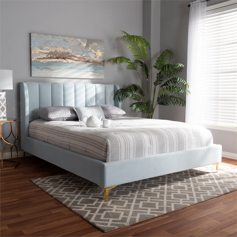 Baxton Studio Saverio Modern Velvet Upholstered Queen Platform Bed in Light Blue