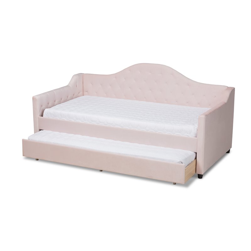Baxton Studio Perry Velvet Upholstered Twin Daybed with Trundle in Pink
