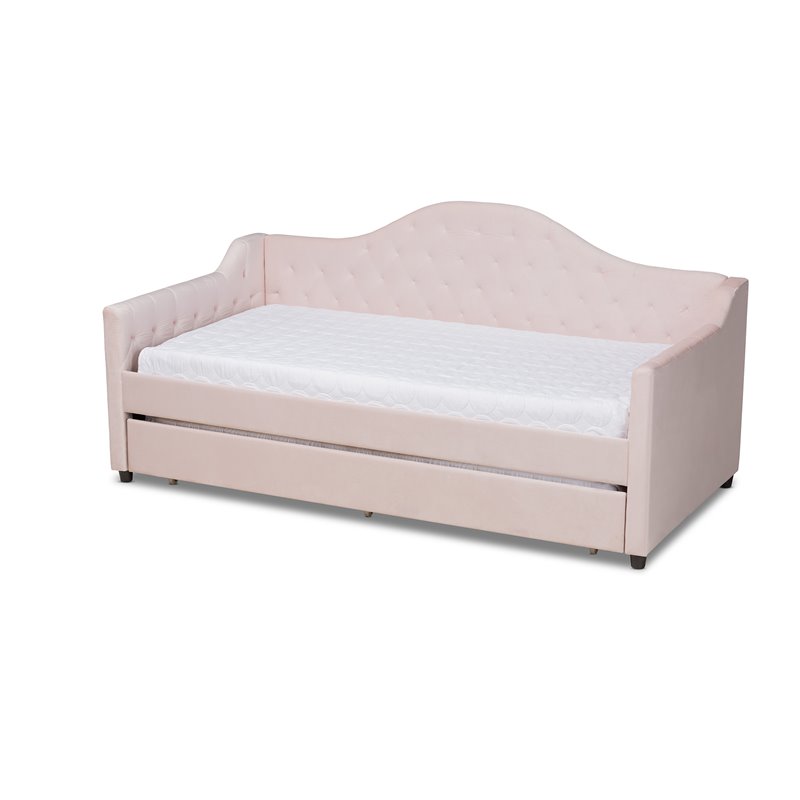 Baxton Studio Perry Velvet Upholstered Twin Daybed with Trundle in Pink