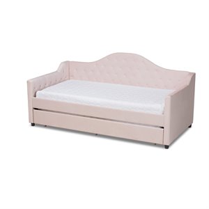 Baxton Studio Perry Velvet Upholstered Twin Daybed with Trundle in Pink