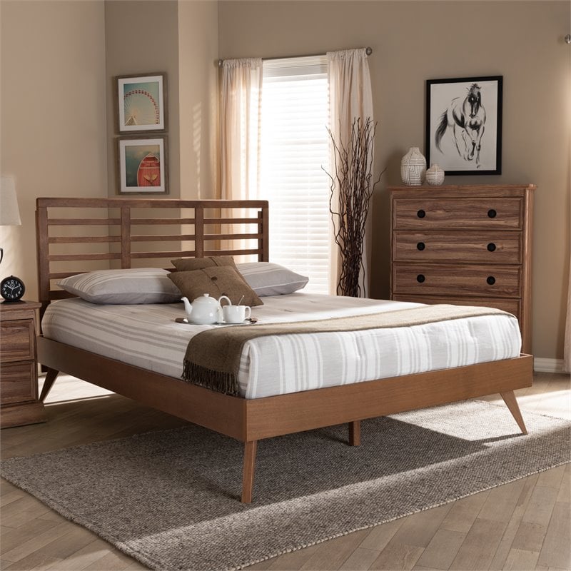 Baxton Studio Calisto Mid-Century Wood King Platform Bed in Walnut Brown
