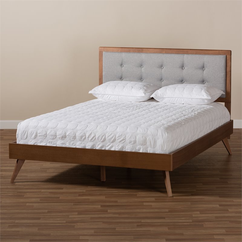 Baxton Studio Ines Mid-Century Wood and Fabric King Platform Bed in Light Gray