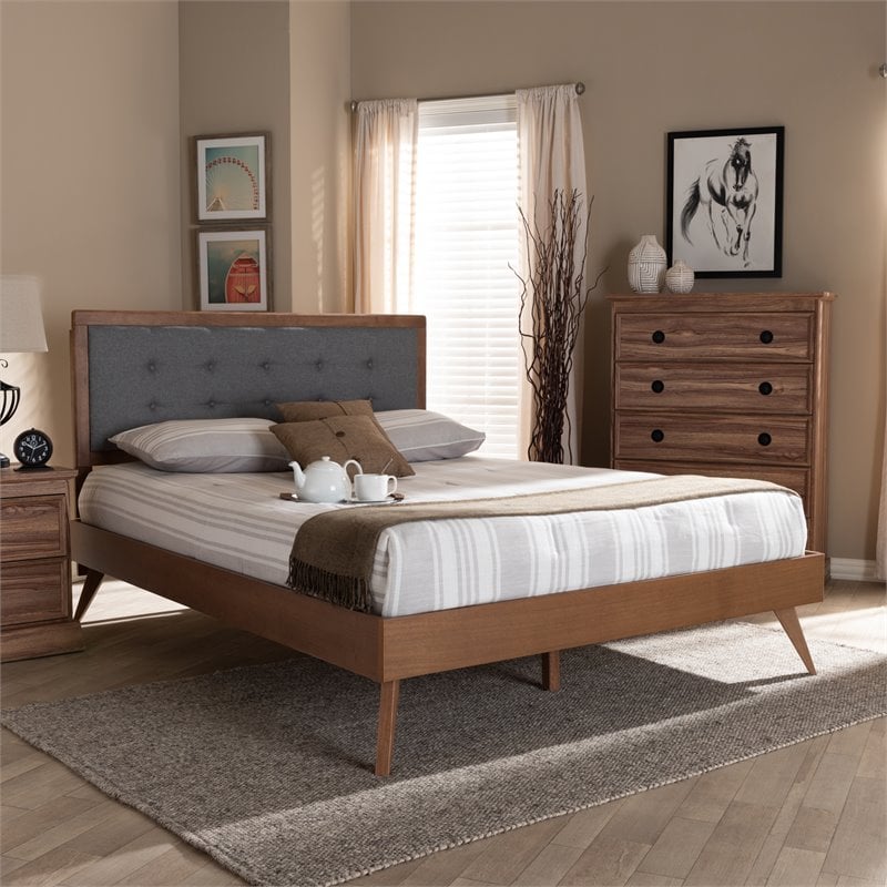 Baxton Studio Ines Mid-Century Wood and Fabric King Platform Bed in Dark Gray