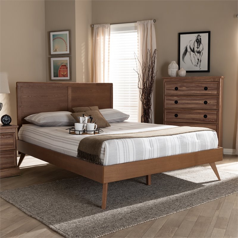 Baxton Studio Zenon Mid-Century Wood King Platform Bed in Walnut Brown