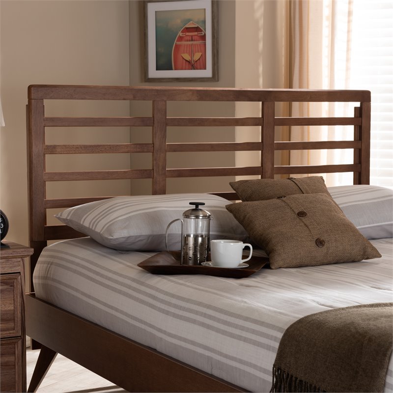 Baxton Studio Salome Mid-Century Wood Slat Full Headboard in Walnut Brown
