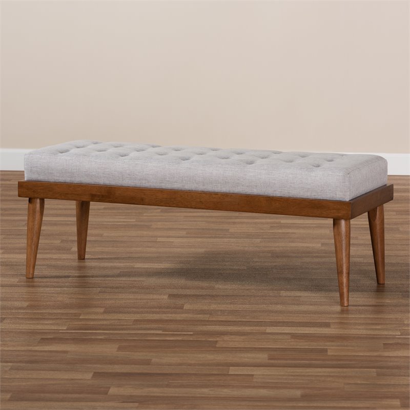 Baxton Studio Linus Mid-Century Upholstered Tufted Wood bench in Light Gray