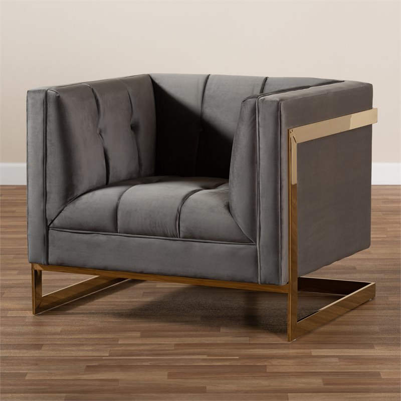Baxton Studio Ambra Velvet Fabric with Gold Finish Accent Chair in Gray