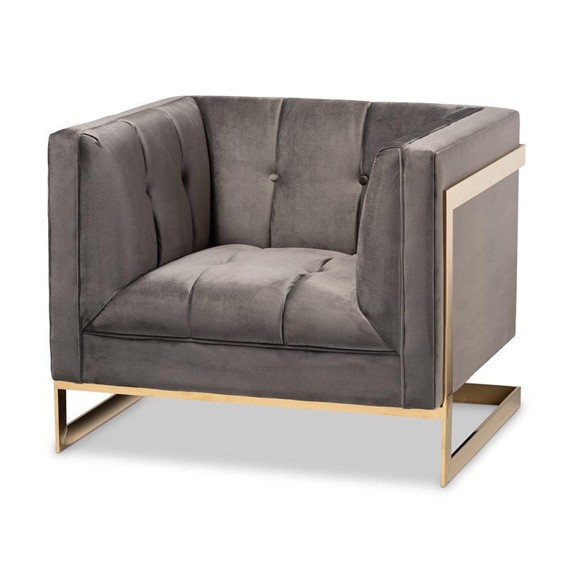 Baxton Studio Ambra Velvet Fabric with Gold Finish Accent Chair in Gray
