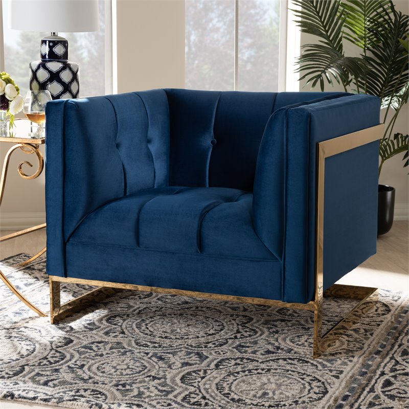 Baxton Studio Ambra Velvet Fabric with Gold Finish Accent Chair in Royal Blue