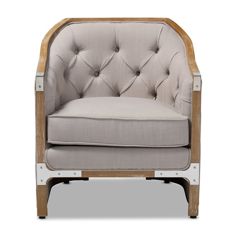 Baxton Studio Terina Fabric and White Washed Oak Wood Accent Chair in Gray-Beige