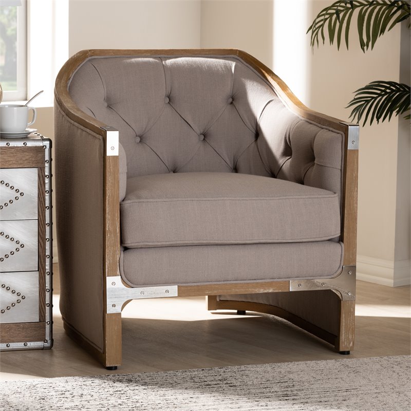 Baxton Studio Terina Fabric and White Washed Oak Wood Accent Chair in Gray-Beige