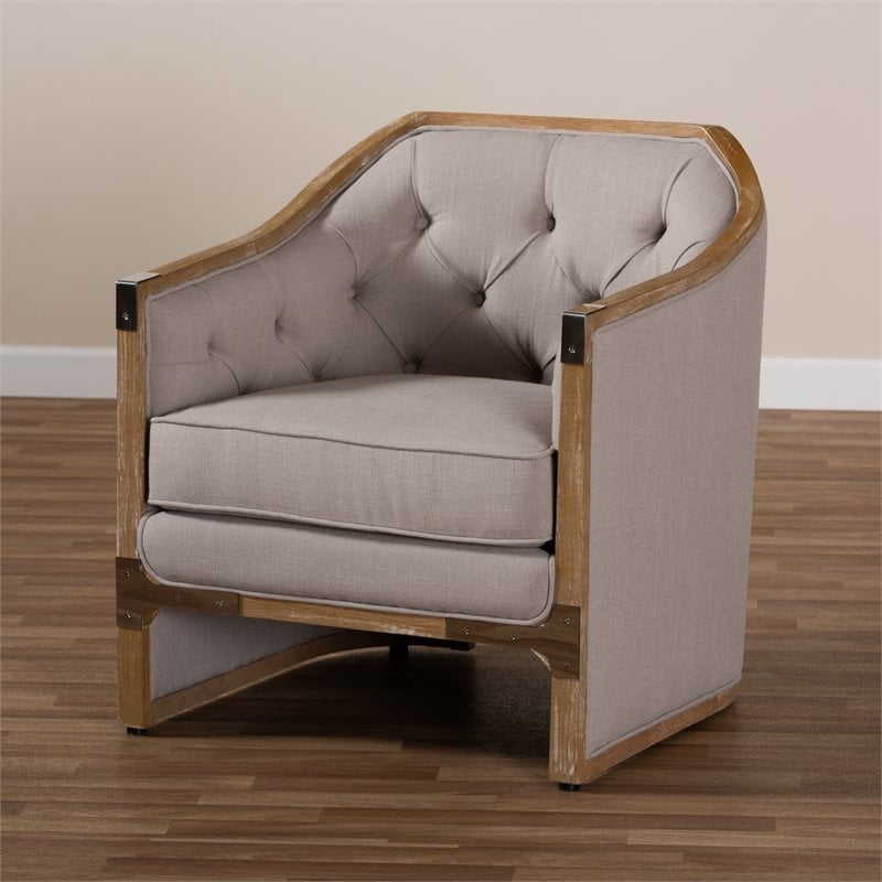 Baxton Studio Terina Fabric and White Washed Oak Wood Accent Chair in Gray-Beige