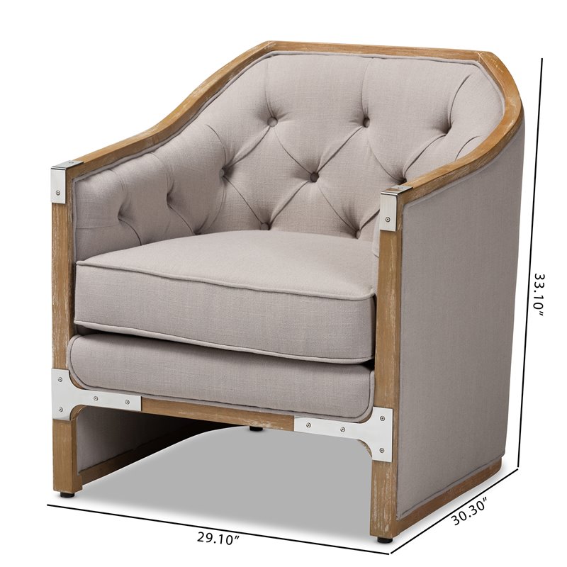 Baxton Studio Terina Fabric and White Washed Oak Wood Accent Chair in Gray-Beige