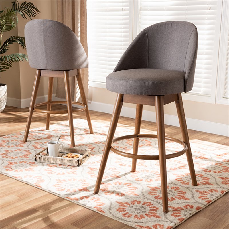 Baxton Studio Carra Gray Upholstered Swivel Bar Stool in Walnut - Set of 2