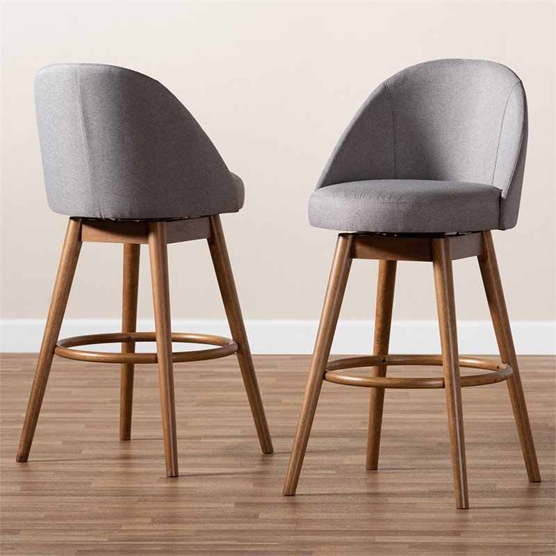 Baxton Studio Carra Gray Upholstered Swivel Bar Stool in Walnut - Set of 2
