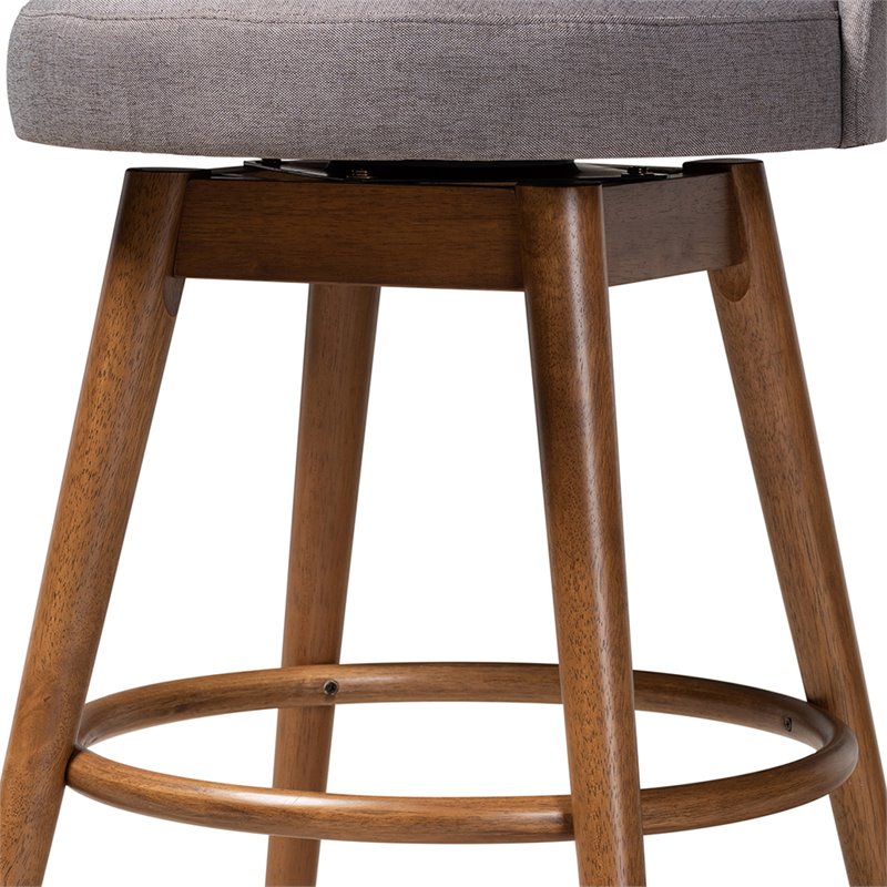 Baxton Studio Carra Gray Upholstered Swivel Bar Stool in Walnut - Set of 2