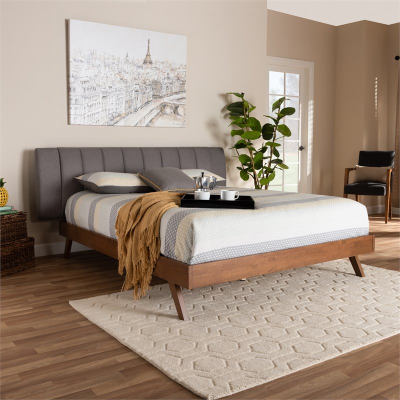 Baxton Studio Brita  King SizeGrey Upholstered Walnut Finished Bed