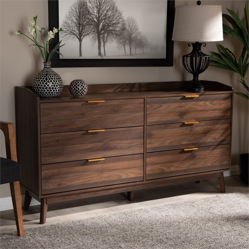 Baxton Studio Lena Mid-Century 6-Drawer Wood Dresser in Walnut and Brown