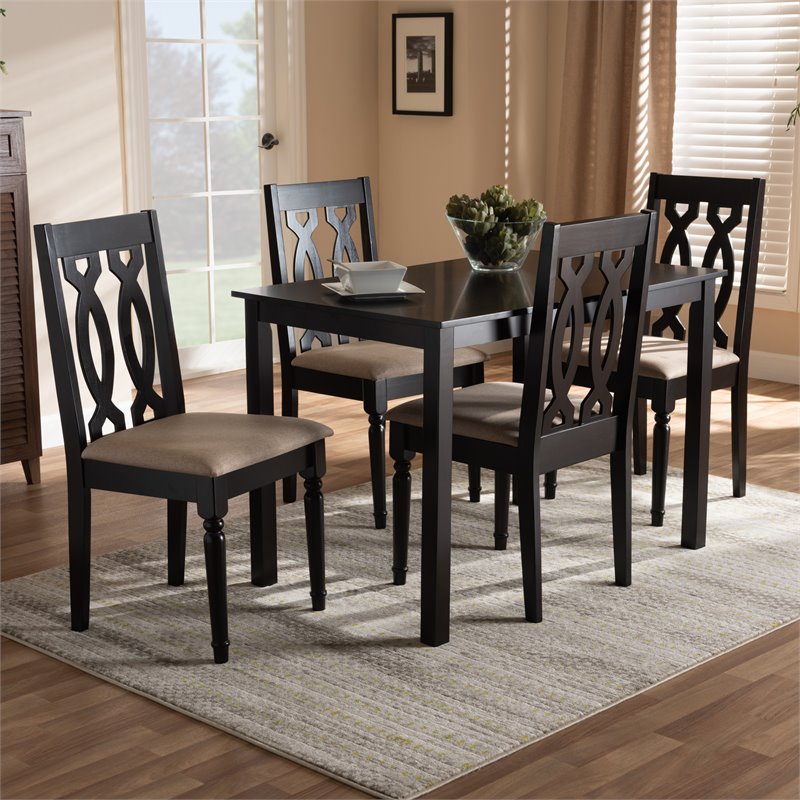 Baxton Studio Cherese 5-Piece Wood Upholstered Dining Set in Sand and Espresso