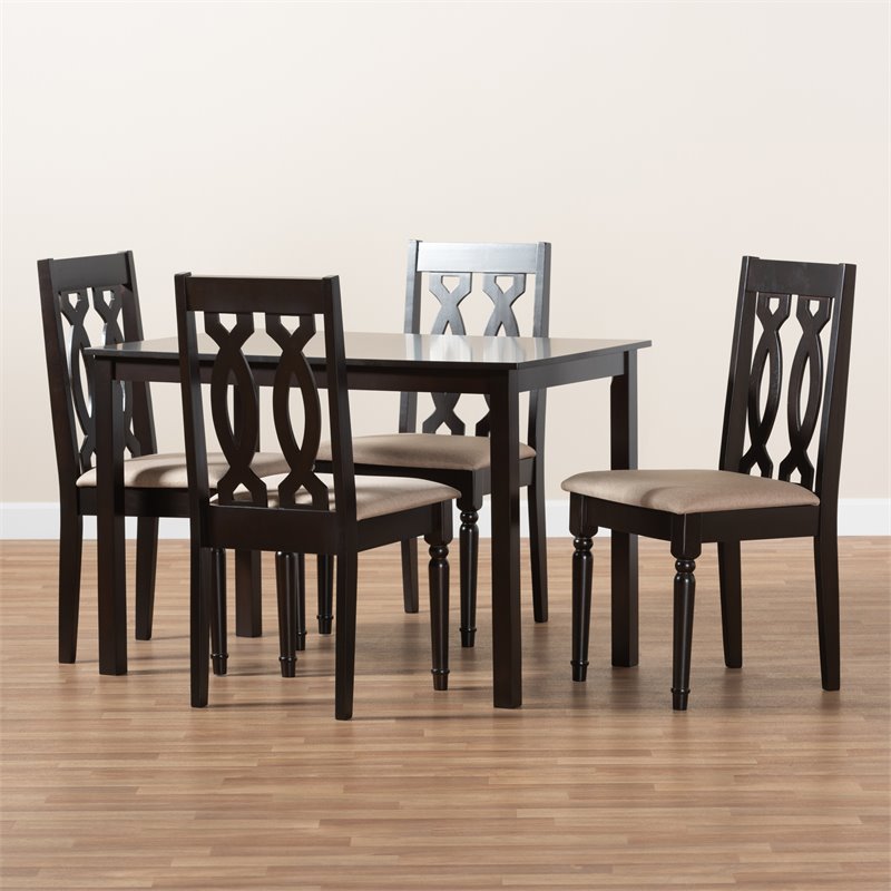 Baxton Studio Cherese 5-Piece Wood Upholstered Dining Set in Sand and Espresso